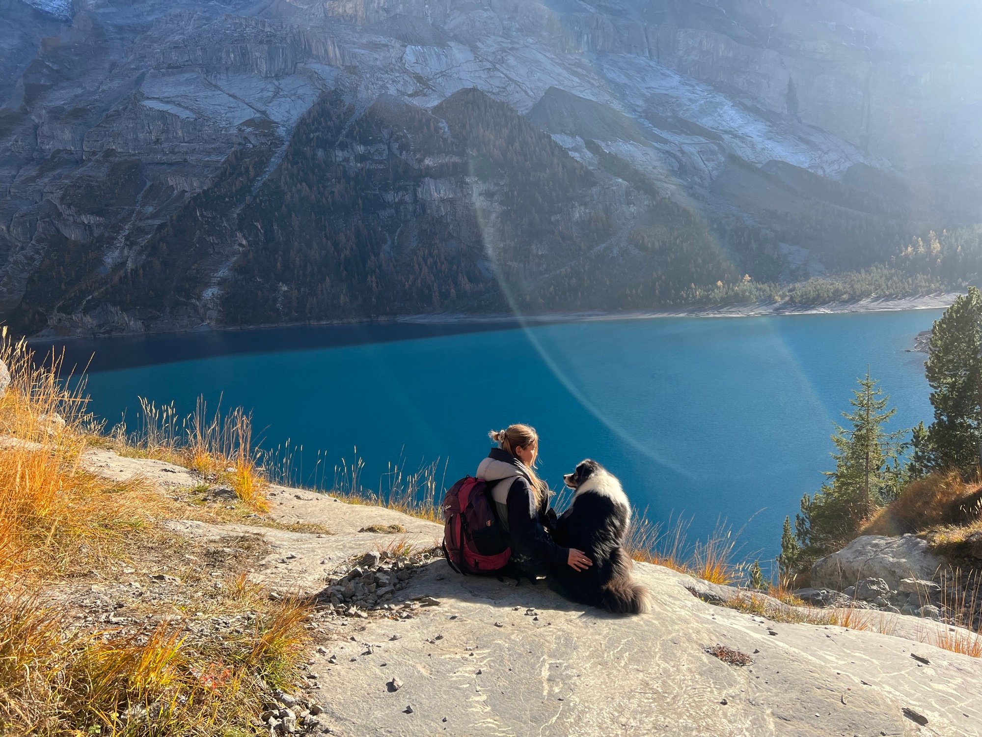 Anja mit ihrem Hund Sky auf einer Wiese im Schwarzwald